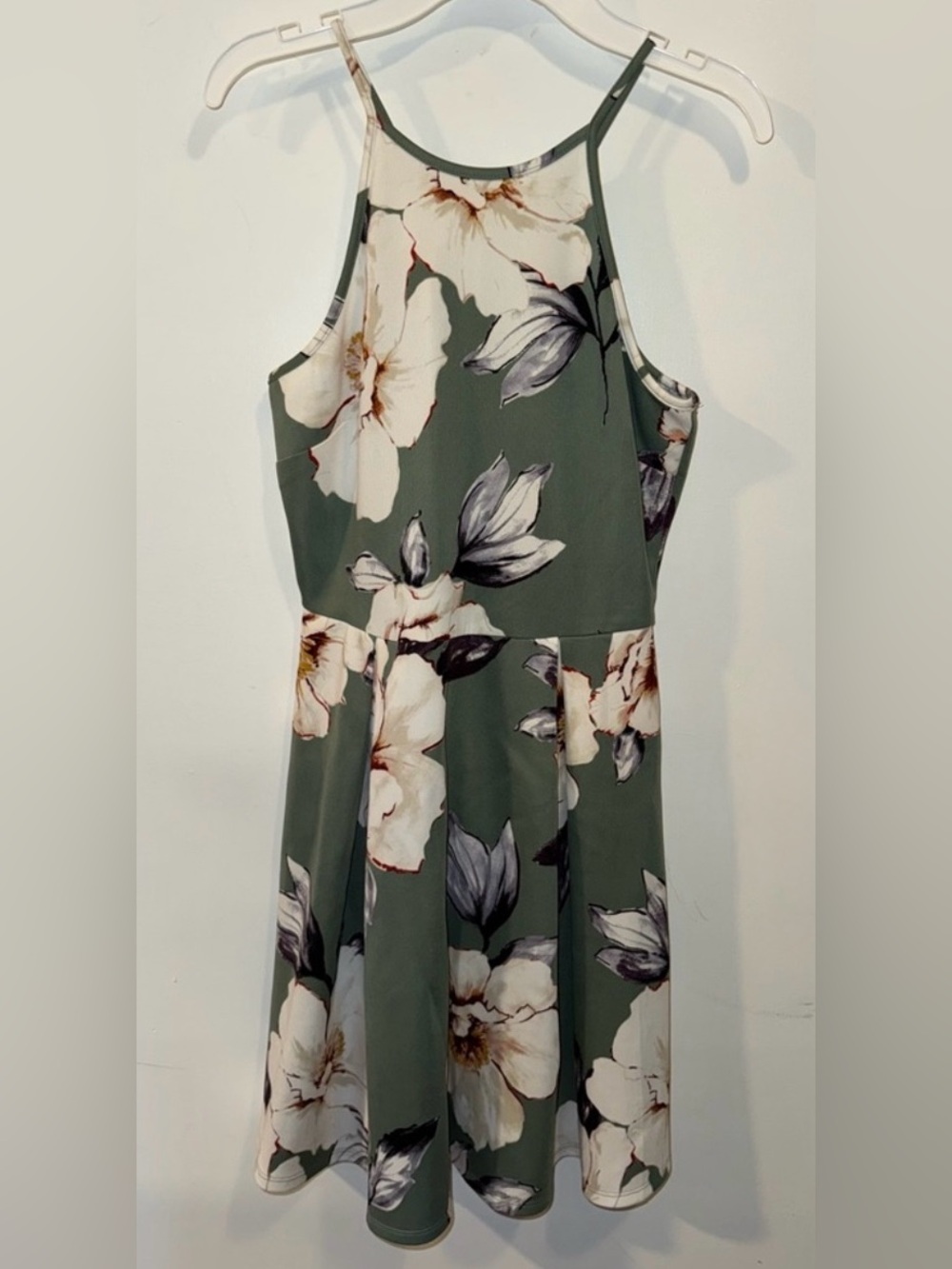Monteau XS Moss Green Floral Halter Skater Dress (B3)